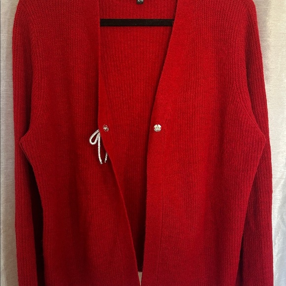 Red Women's Cardigan Sweater with Sparkly Bow - Picture 7 of 10